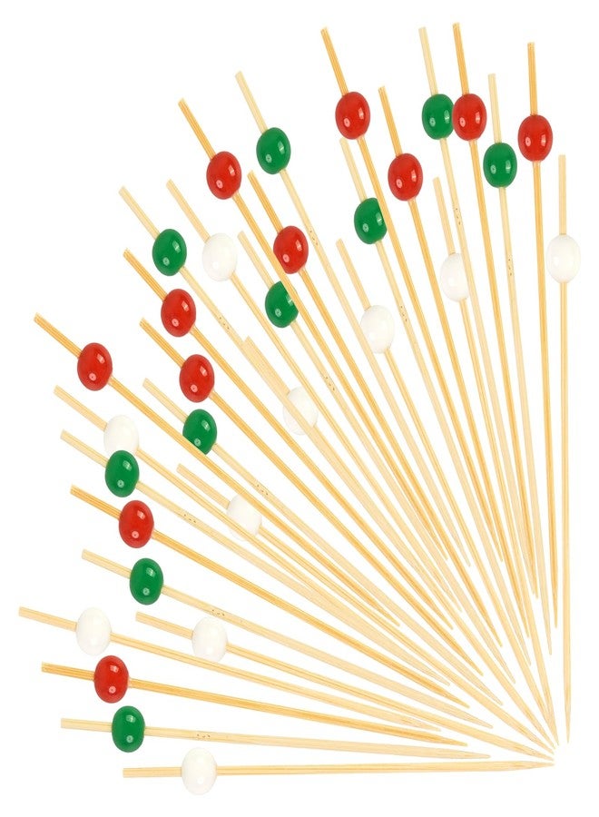 KFJBPB 100PCS Christmas Cocktail Picks 4.7 Inch, Red Green White Bead Decorative Fancy Toothpicks Bamboo Appetizer Toothpicks Food Picks for Drinks Fruit Christmas Party Decoration (Christmas) - Image 1